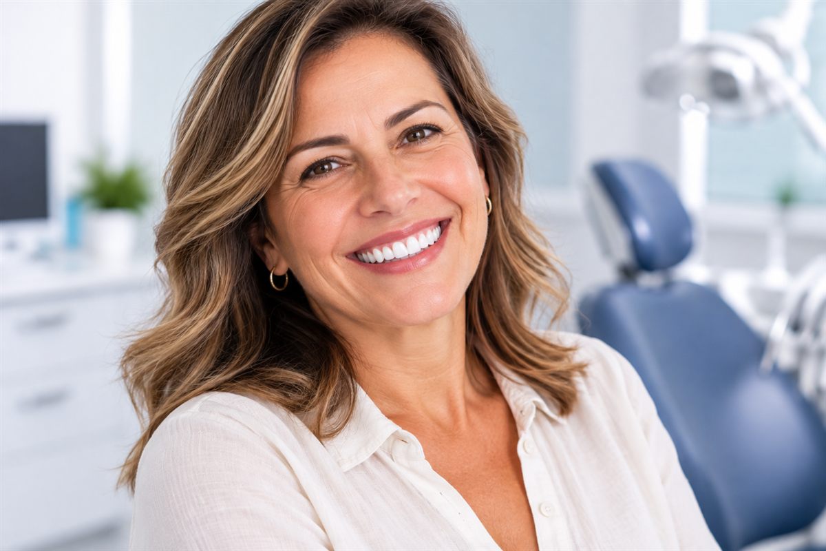 Mulher sorrindo em um consultório odontológico